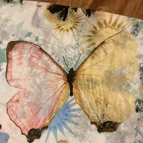 Pink, green, blue and yellow butterfly scarf with fringe on the ends. - Picture 2 of 9